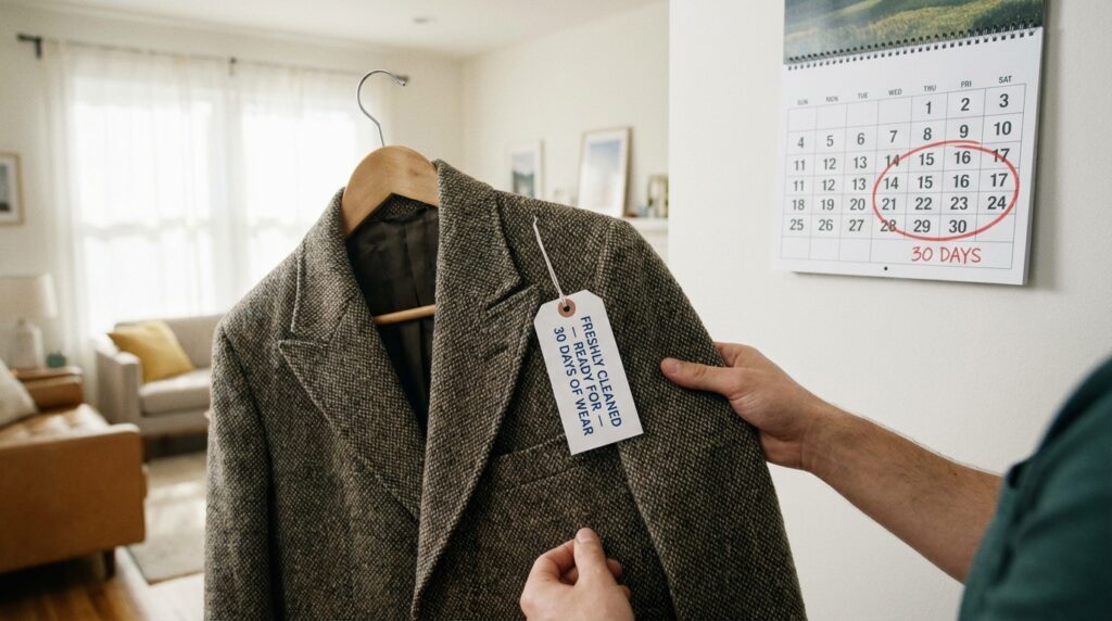 届いたクリーニングを確認する女性の手元、カレンダーに「30日」のマーク