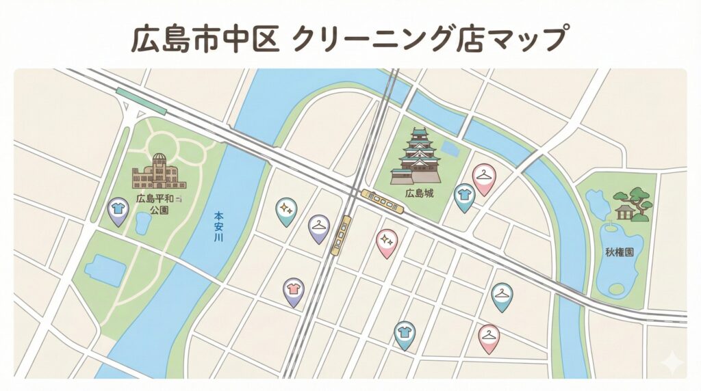 広島市中区の地図上にクリーニング店がプロットされたイメージ図解