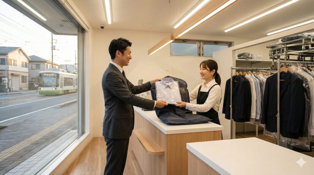 早朝のビジネス街で、出勤前にクリーニング店に立ち寄るビジネスパーソンのイメージ