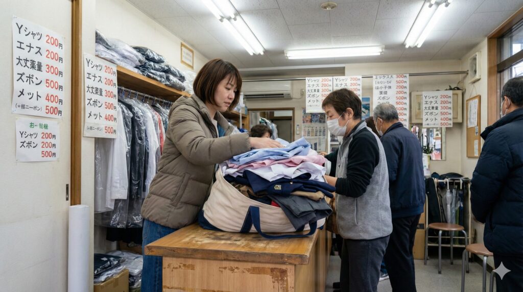 家族4人分の衣類をまとめてクリーニングに出すイメージ