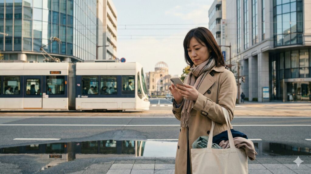 広島市中区の街並みを背景に、クリーニング選びに悩む女性のイメージ