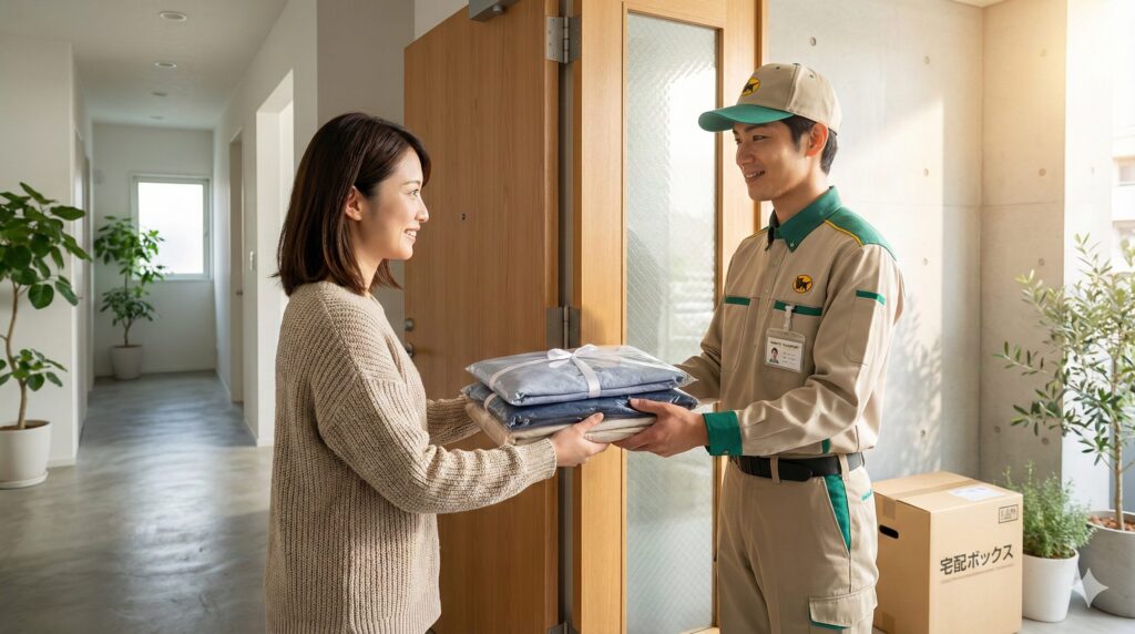 クリーニングの集配サービスで、自宅玄関で衣類を受け渡しするイメージ