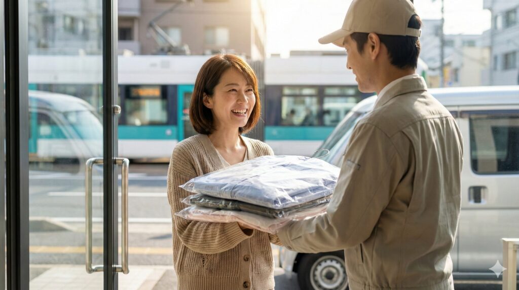 広島市中区の街並みを背景に、きれいに仕上がった衣類を受け取って笑顔の女性