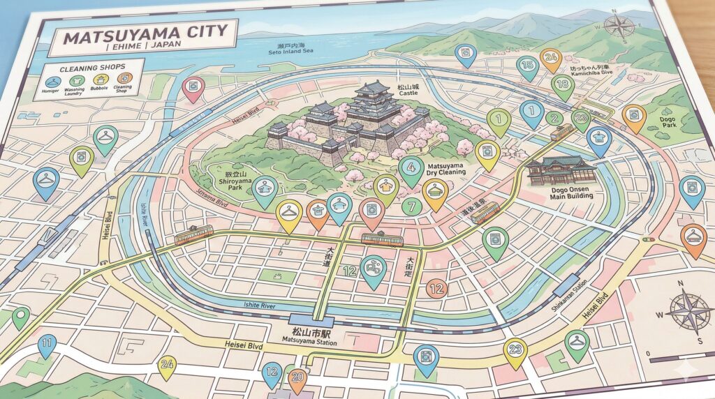 松山市の地図上にクリーニング店がプロットされたイメージ図解