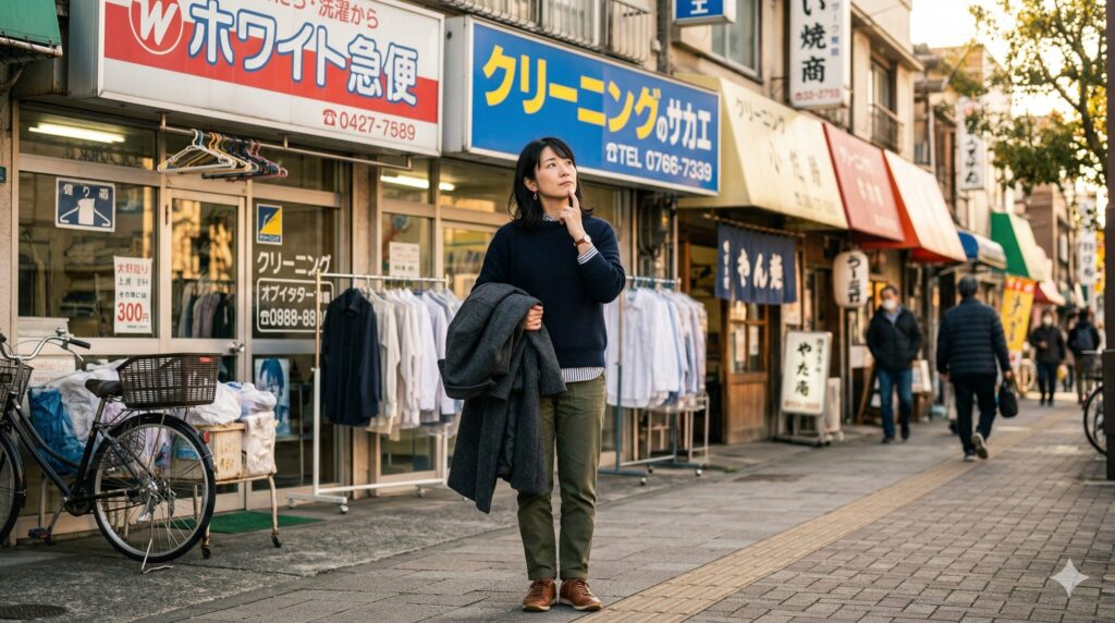 クリーニング店選びに悩む女性のイメージ