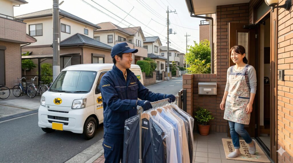 自宅玄関で衣類を受け渡しするイメージ