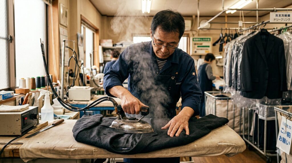 職人がアイロンで丁寧に仕上げるイメージ