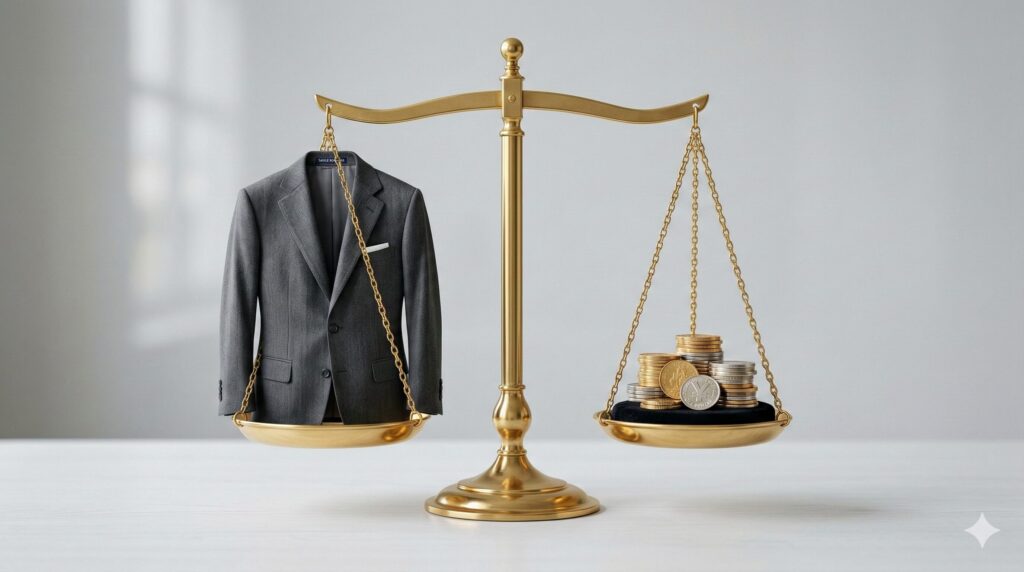 安さと品質のバランスを天秤にかけるイメージ