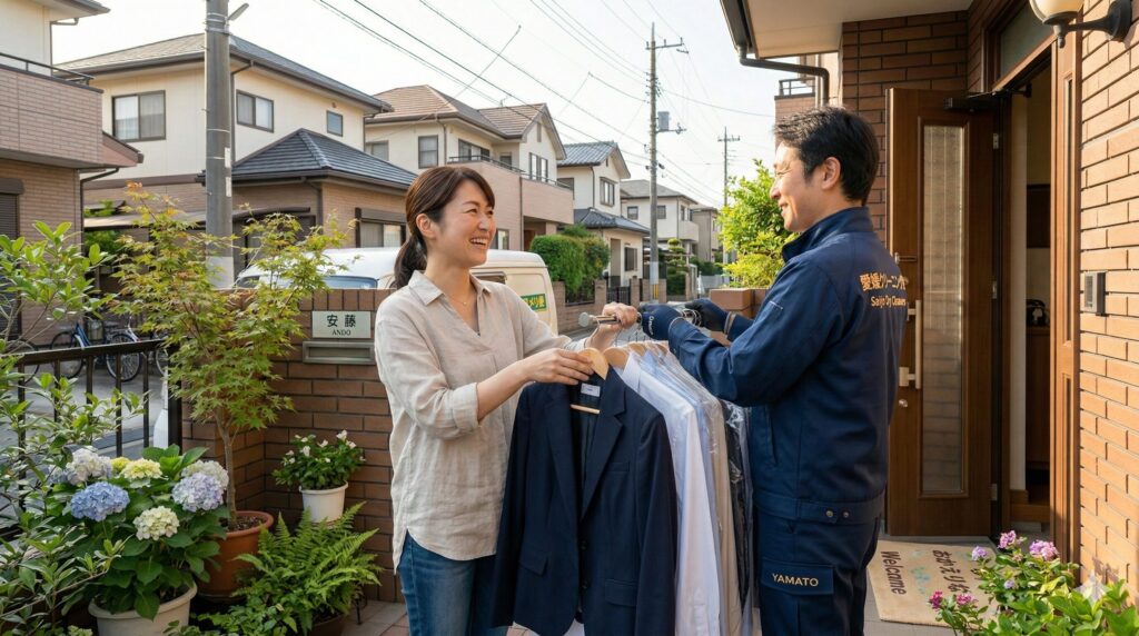 きれいに仕上がった衣類を受け取って笑顔の女性