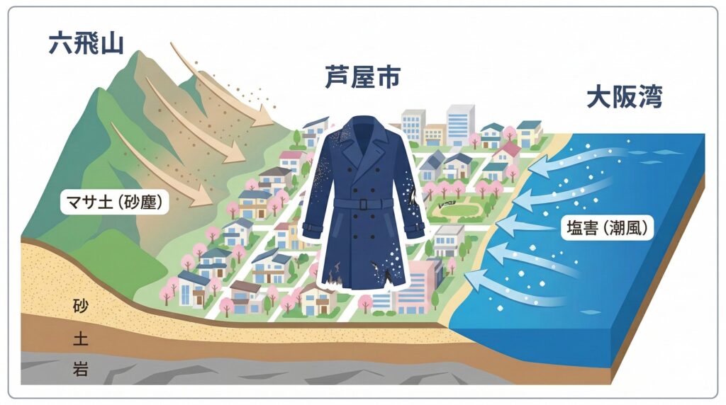 六甲山とマサ土・沿岸部の塩害イメージ図解