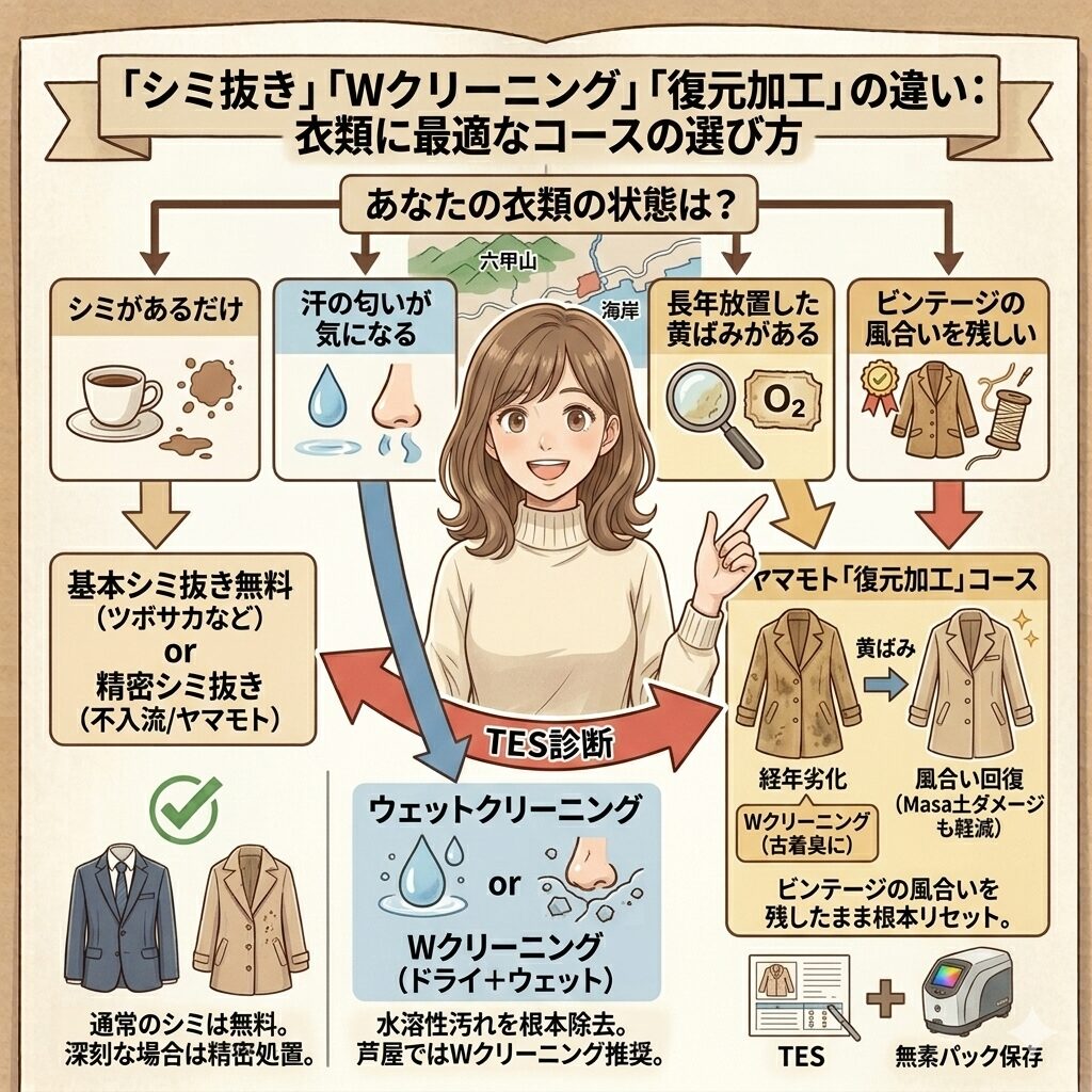 しみ抜き・ｗクリーニング・復元加工のどれを選ぶべきかのフローチャート