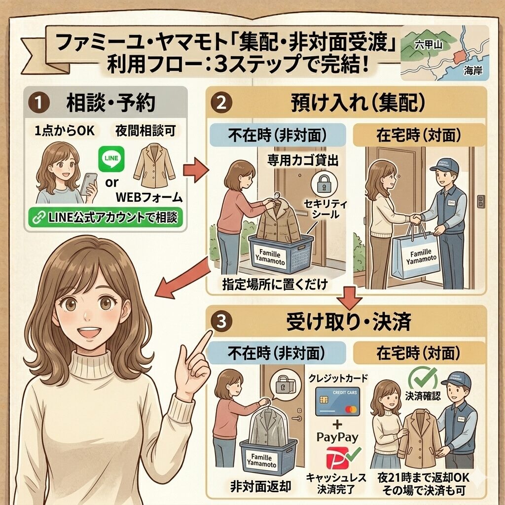 ファミーユ・ヤマモトの集配利用方法3ステップで図解