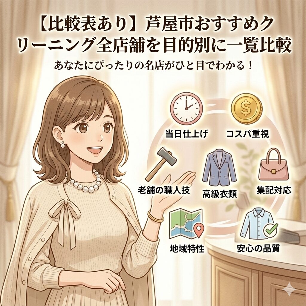 芦屋市のクリーニング店を料金・納期・特徴で比較したイメージ図