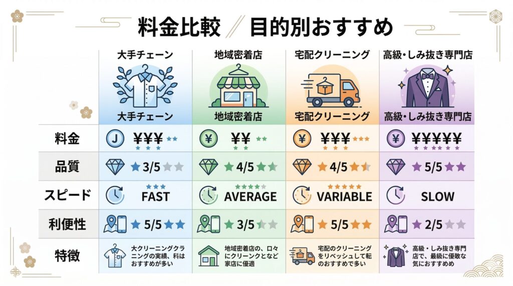 小田原市のクリーニング店を料金・特徴で比較したイメージ図