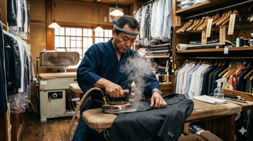 職人が手仕上げでアイロンをかけているイメージ