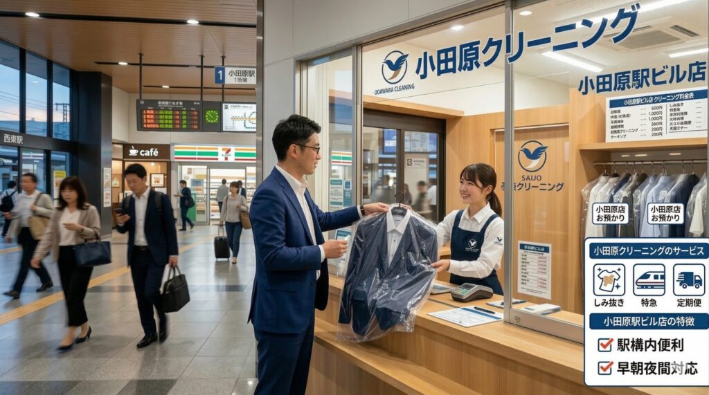 駅ビル内のクリーニング店に立ち寄るビジネスパーソンのイメージ