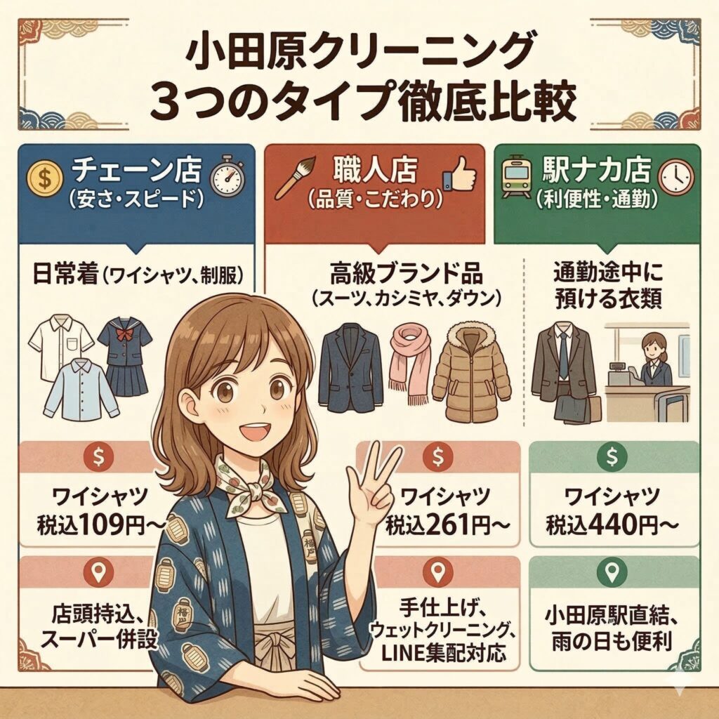 小田原市のクリーニング店を3タイプに分類した図解