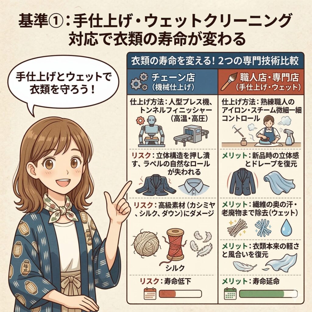 手仕上げ・ウェットクリーニングを駆使する職人店とチェーン店の違いを図解
