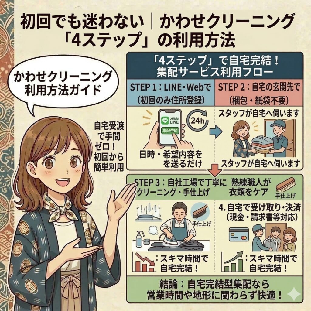 かわせクリーニングの集配サービス利用方法のフロー図