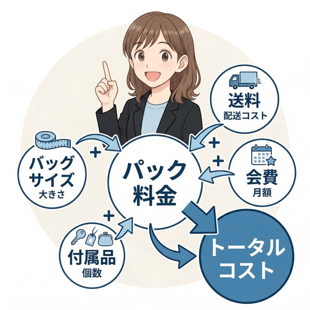 パック料金に送料・会費・付属品カウント・バッグサイズの4要素が加算されてトータルコストになる構成図