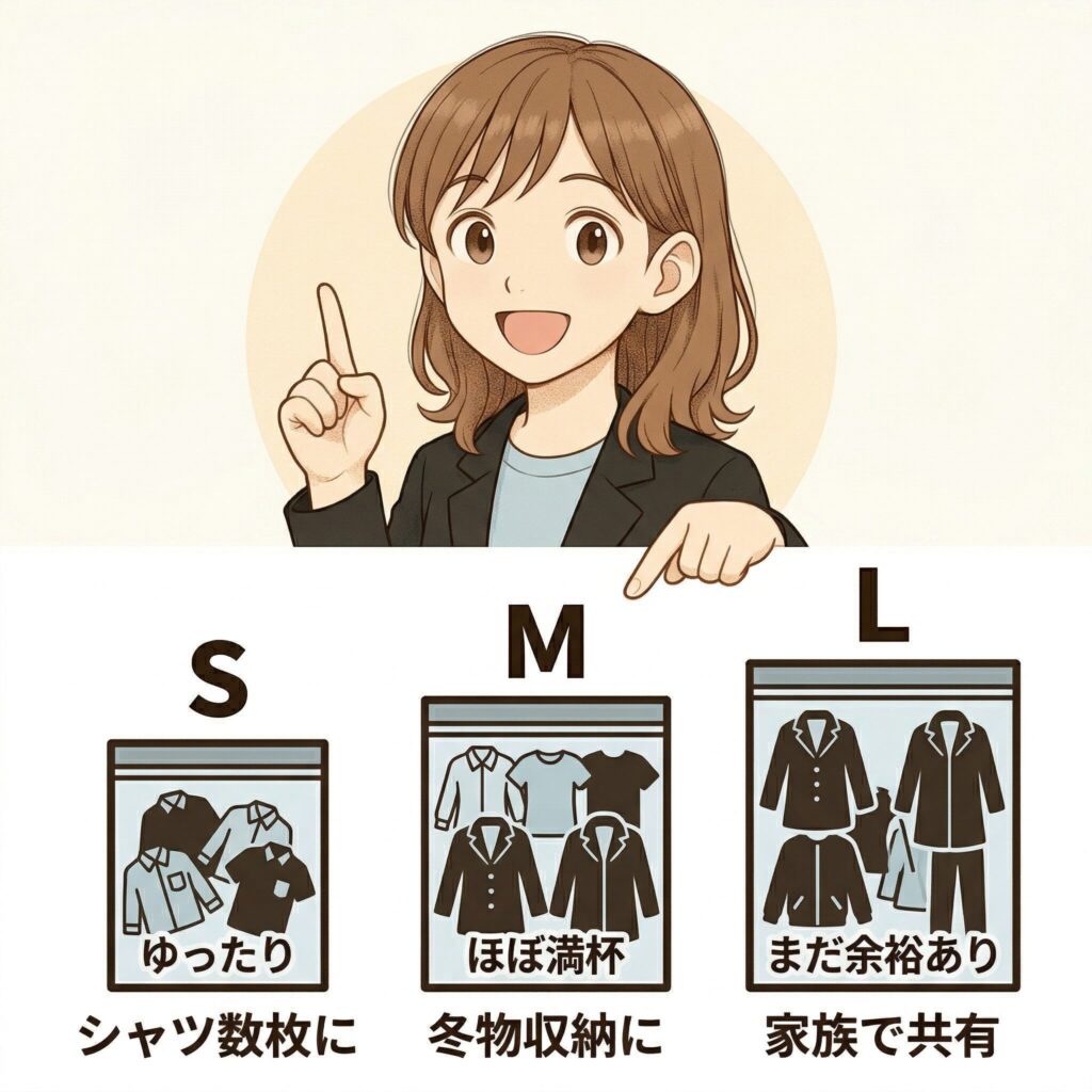 宅配クリーニングのバッグサイズS・M・Lごとの衣類収容イメージ比較図
