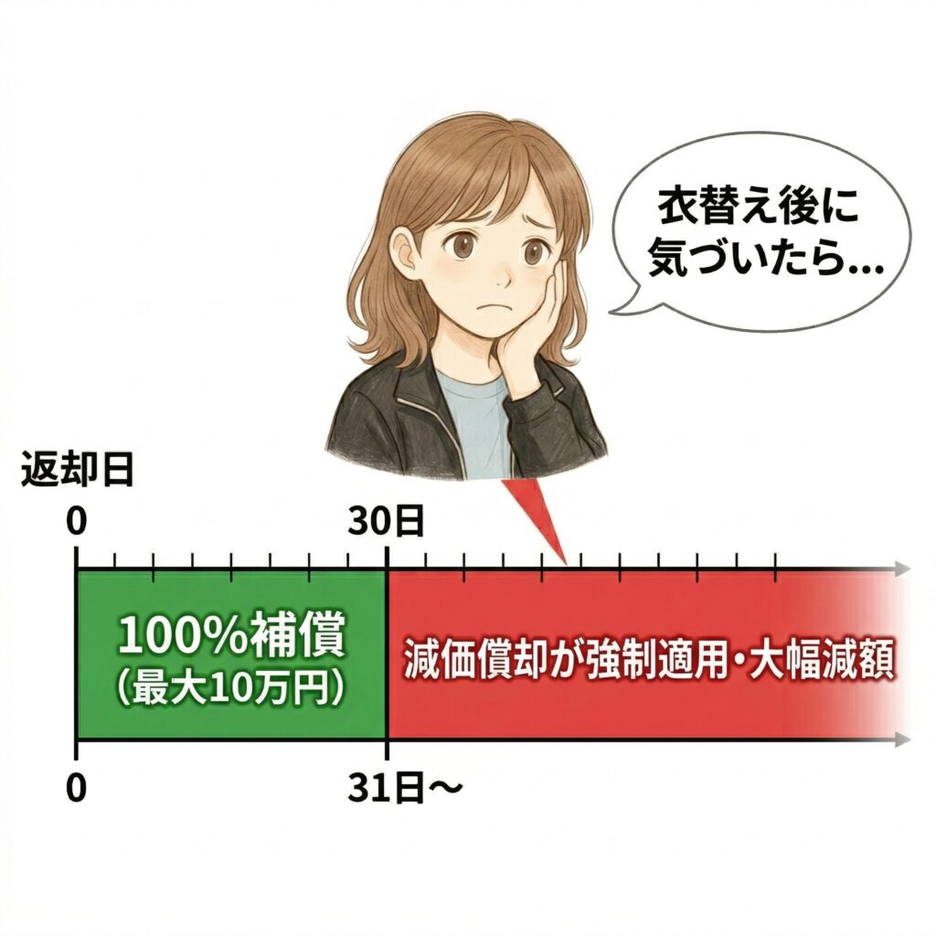 リネットの補償が返却から30日を境に100%補償から減価償却適用に変わるタイムライン図