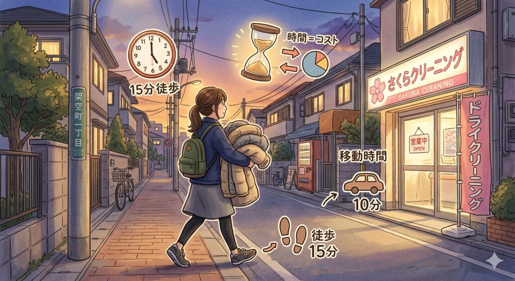 実店舗クリーニング利用時の移動時間・交通費などの隠れたコストイメージ