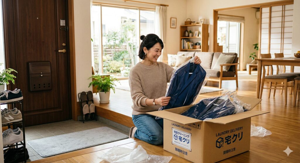 届いた宅配クリーニングの仕上がりを確認する女性