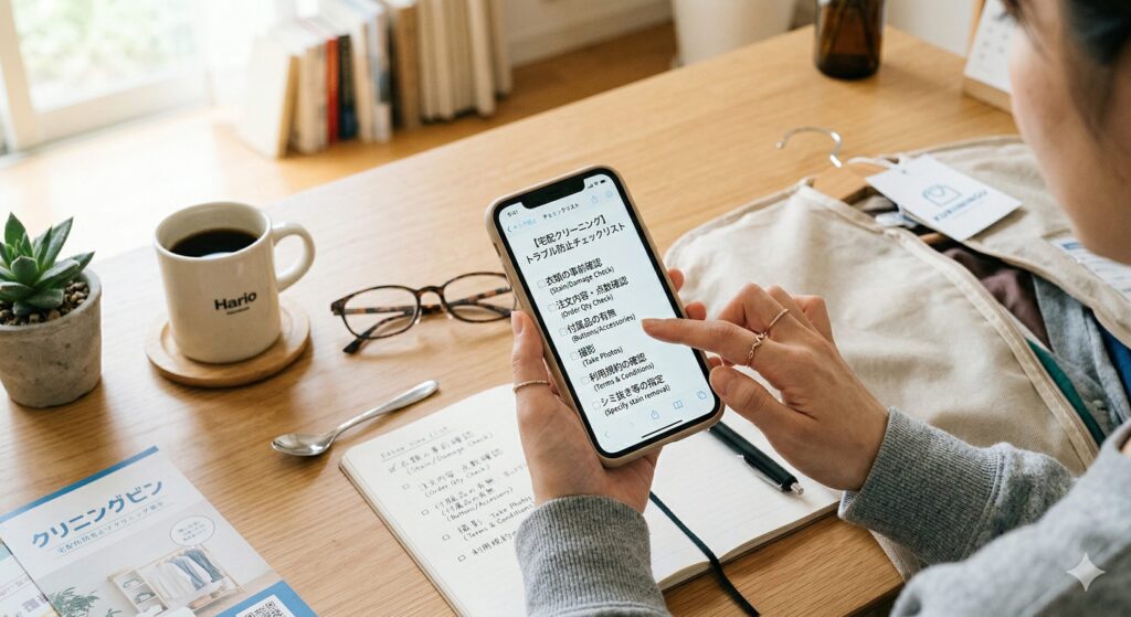 宅配クリーニングのトラブル防止チェックリストを確認するスマートフォン画面
