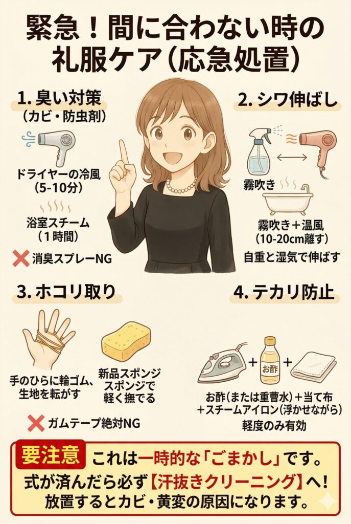 礼服のクリーニングが間に合わないときの応急処置を図解