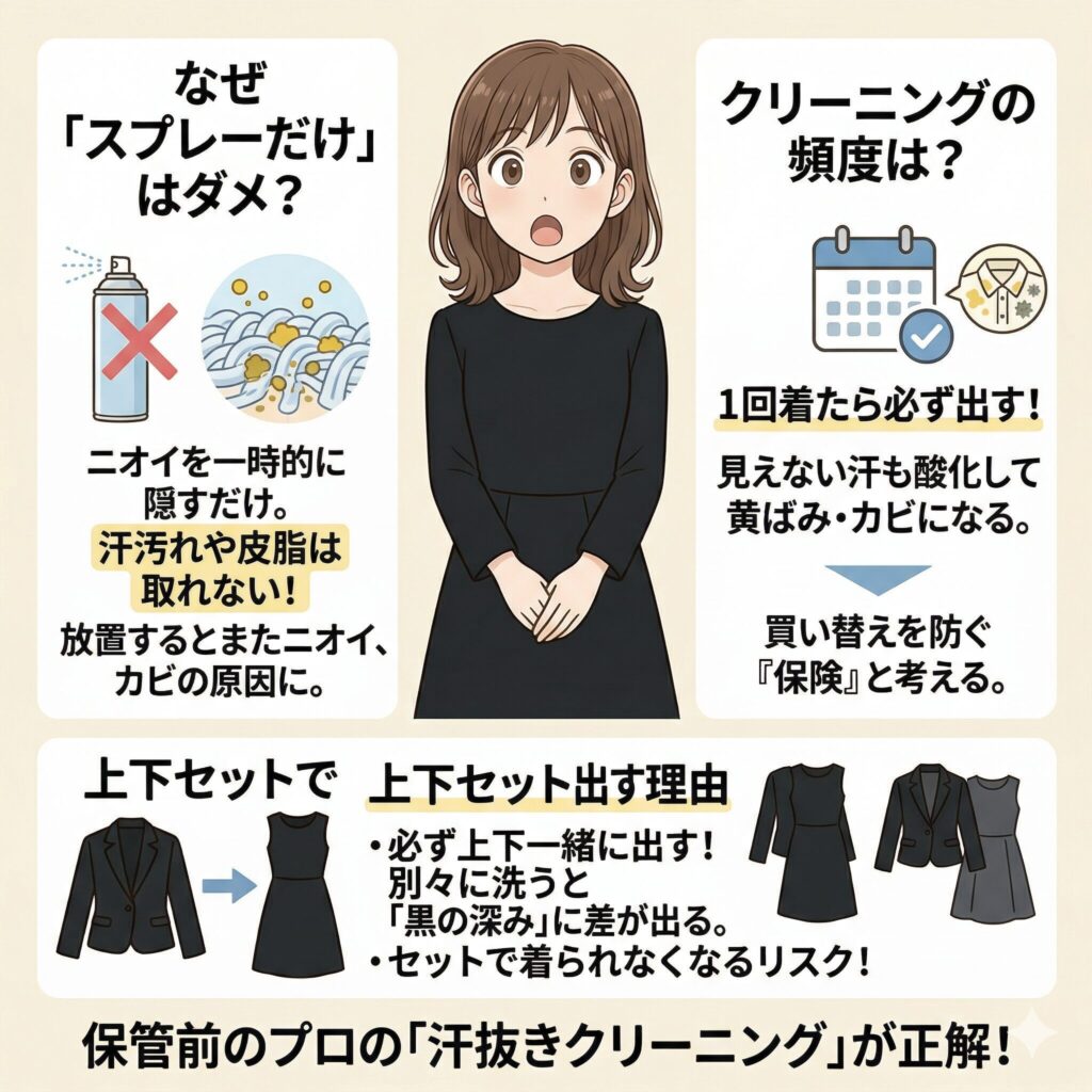 防臭スプレーが駄目な理由・クリーニング頻度・上下セットで出す理由について図解