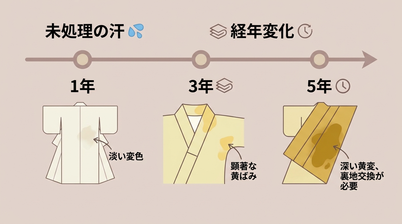 汗放置による黄変進行タイムライン（1年・3年・5年）