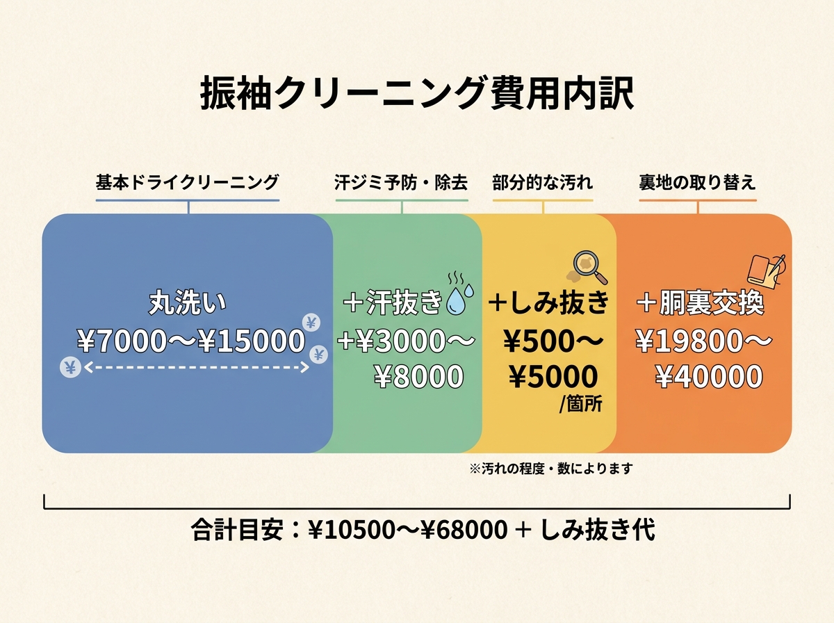 振袖クリーニング料金内訳イメージ（丸洗い・汗抜き・シミ抜き・胴裏交換）