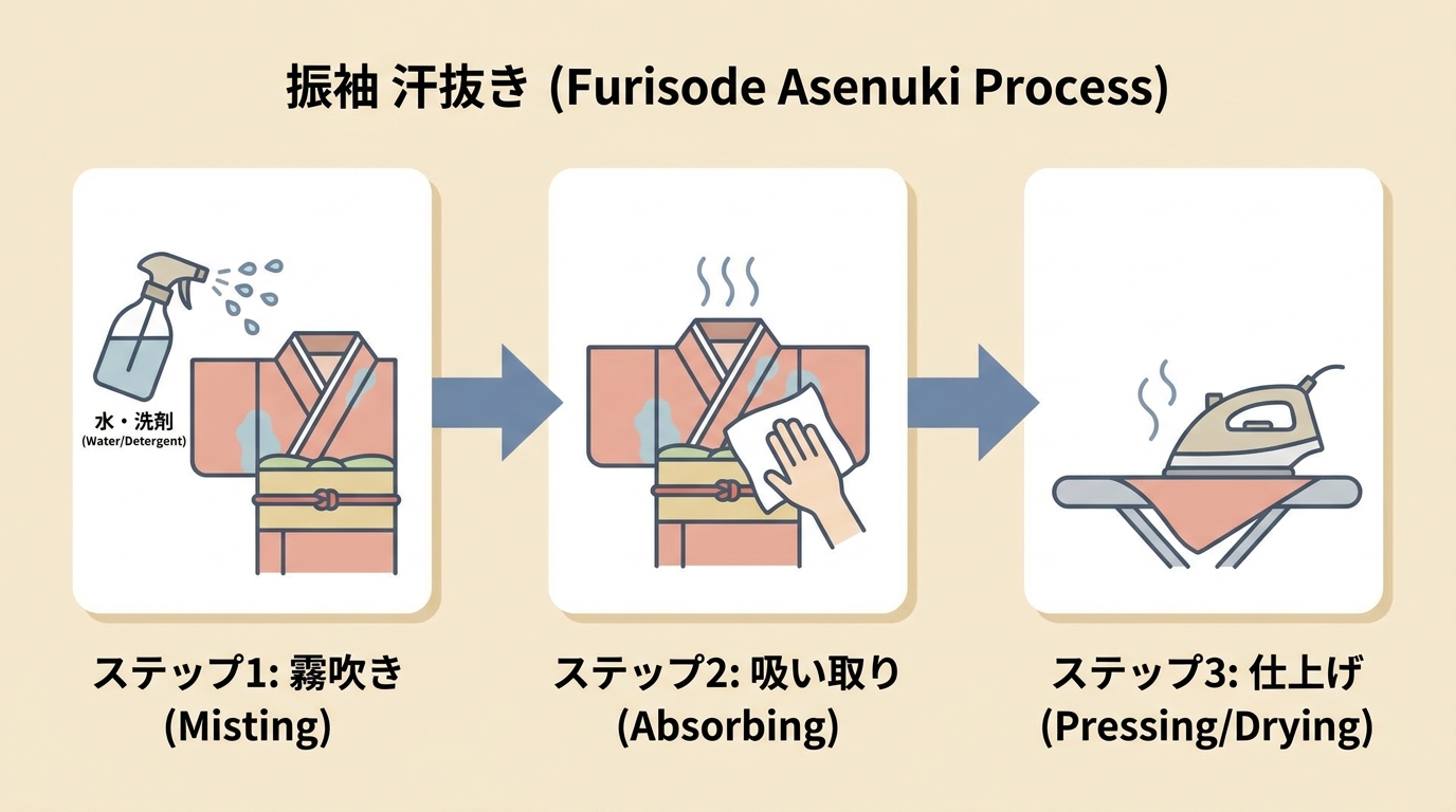 汗抜き工程フロー図（霧吹き→吸い取り→プレス）