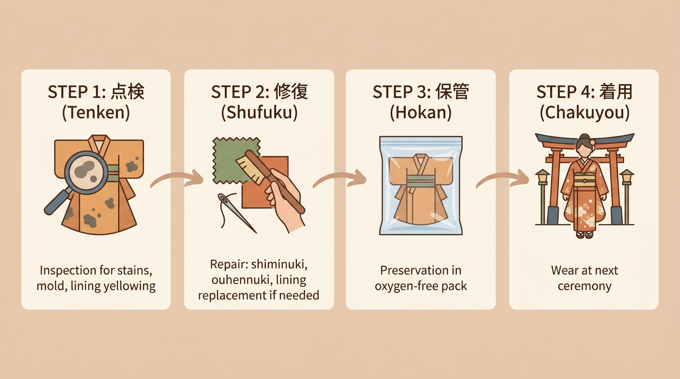 ママ振り継承の3ステップ（点検→修復→保管→着用）