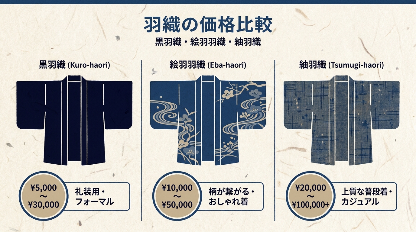 黒羽織・絵羽羽織・紬羽織の料金相場比較イメージ