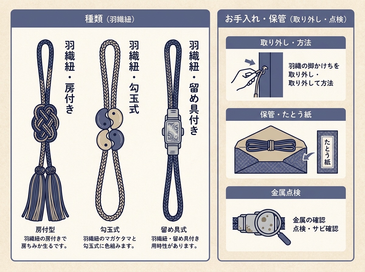 羽織紐のお手入れと房の整え方を示した図解