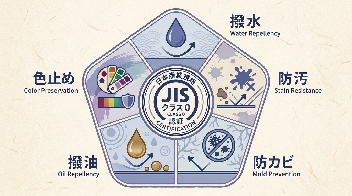 ガード加工5つの効果アイコン図解（撥水・撥油・防カビ・収縮防止・刺繍OK）