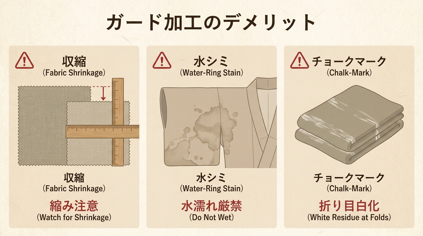 ガード加工のデメリット4つ警告図解（収縮・水シミ・蒸れ・チョークマーク）