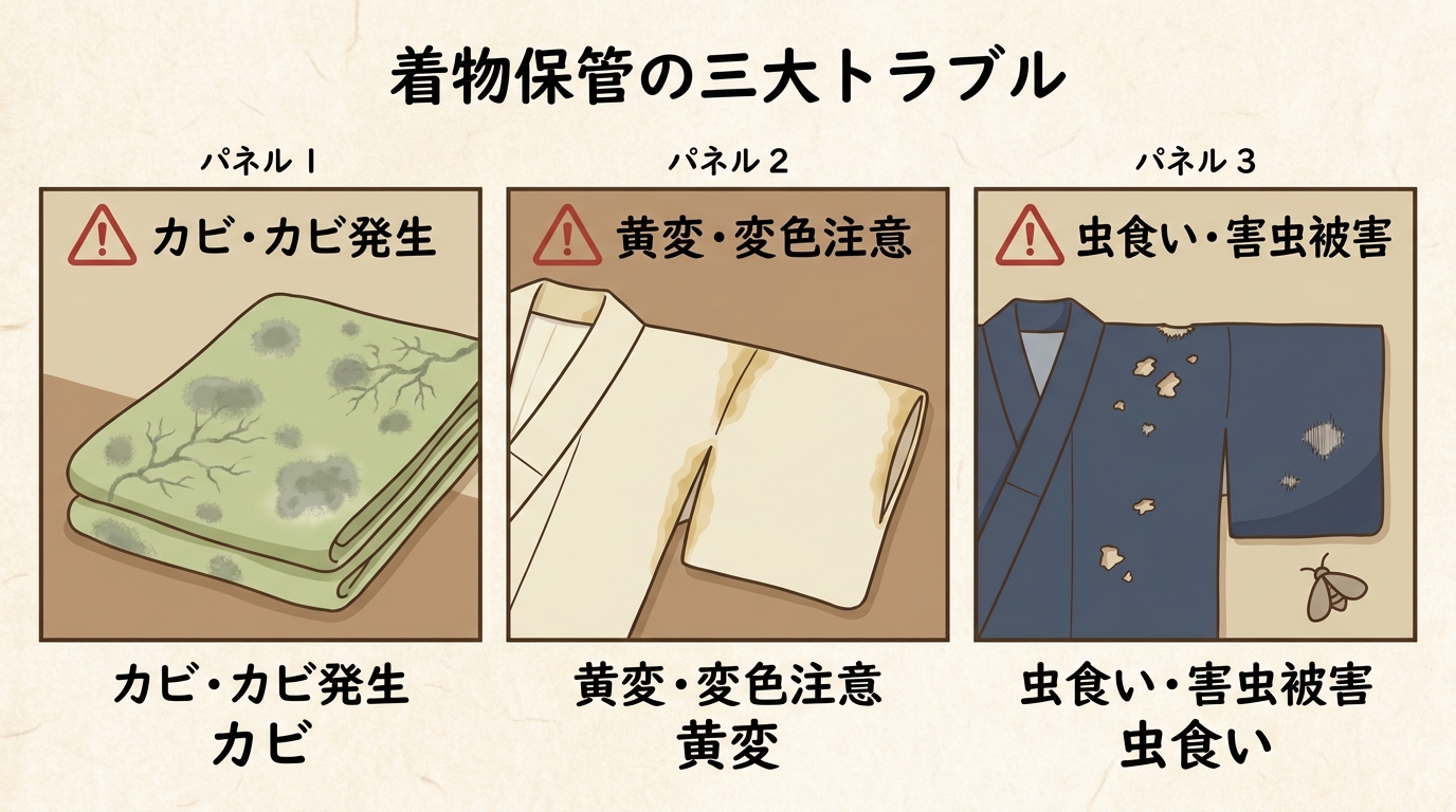 着物の3大保管トラブル（カビ・黄変・虫食い）の比較図