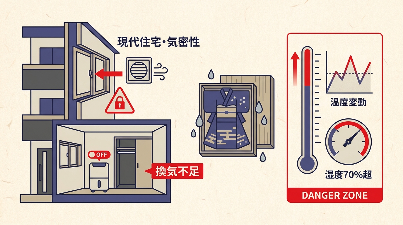伝統家屋と現代住宅の保管環境比較図