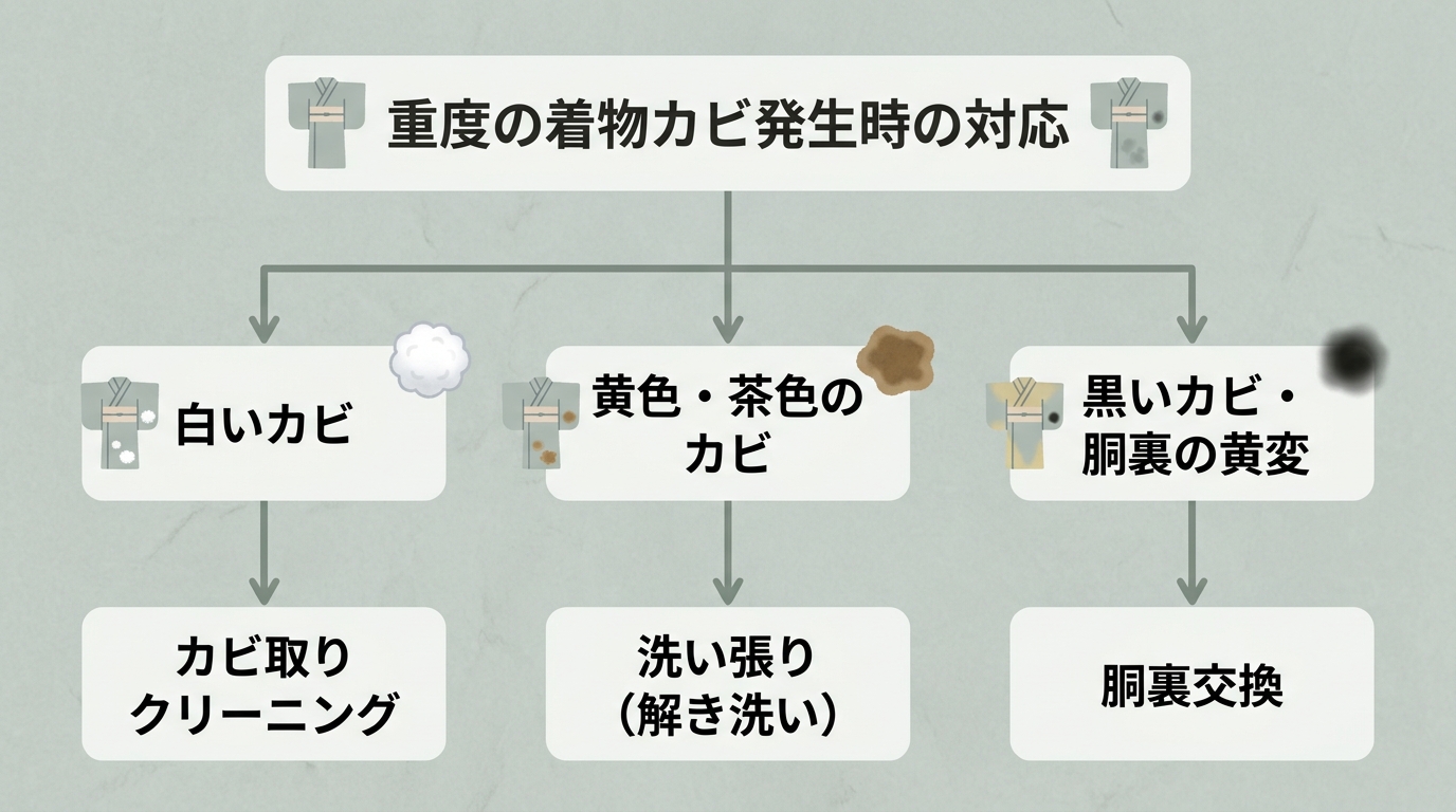 カビ重度別 処置選択フローチャート（軽度→丸洗い／中度→洗い張り／重度→胴裏交換）