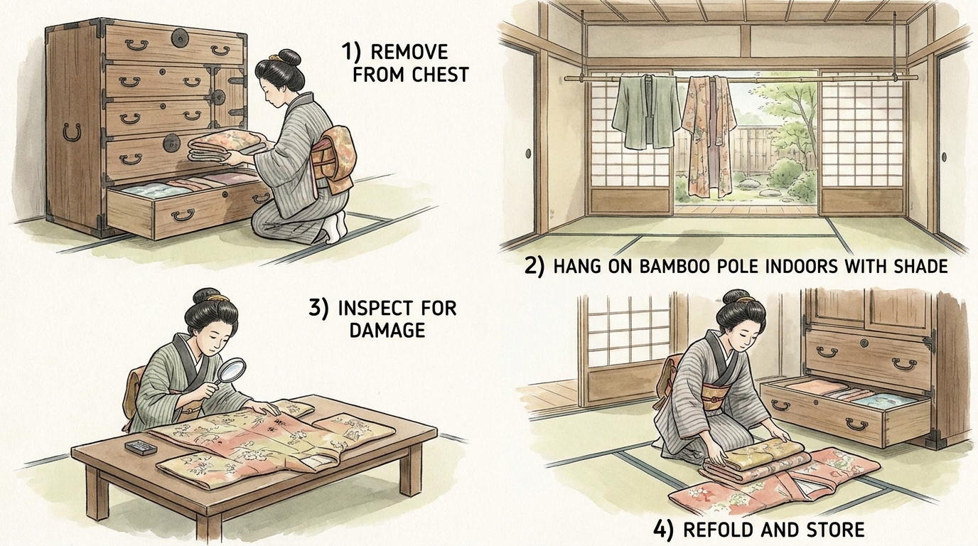 着物の虫干し手順図（取り出し・吊るし・点検・収納）