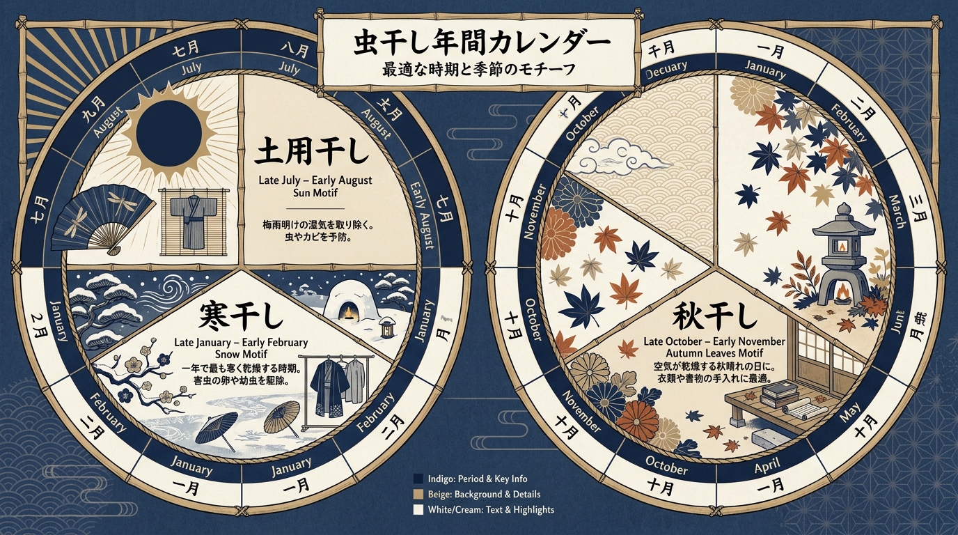 虫干し年3回スケジュール図（土用干し・秋干し・寒干し）
