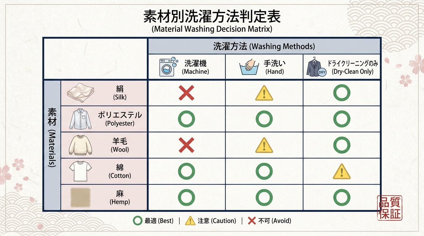 着物の素材別 自宅洗濯可否マトリクス