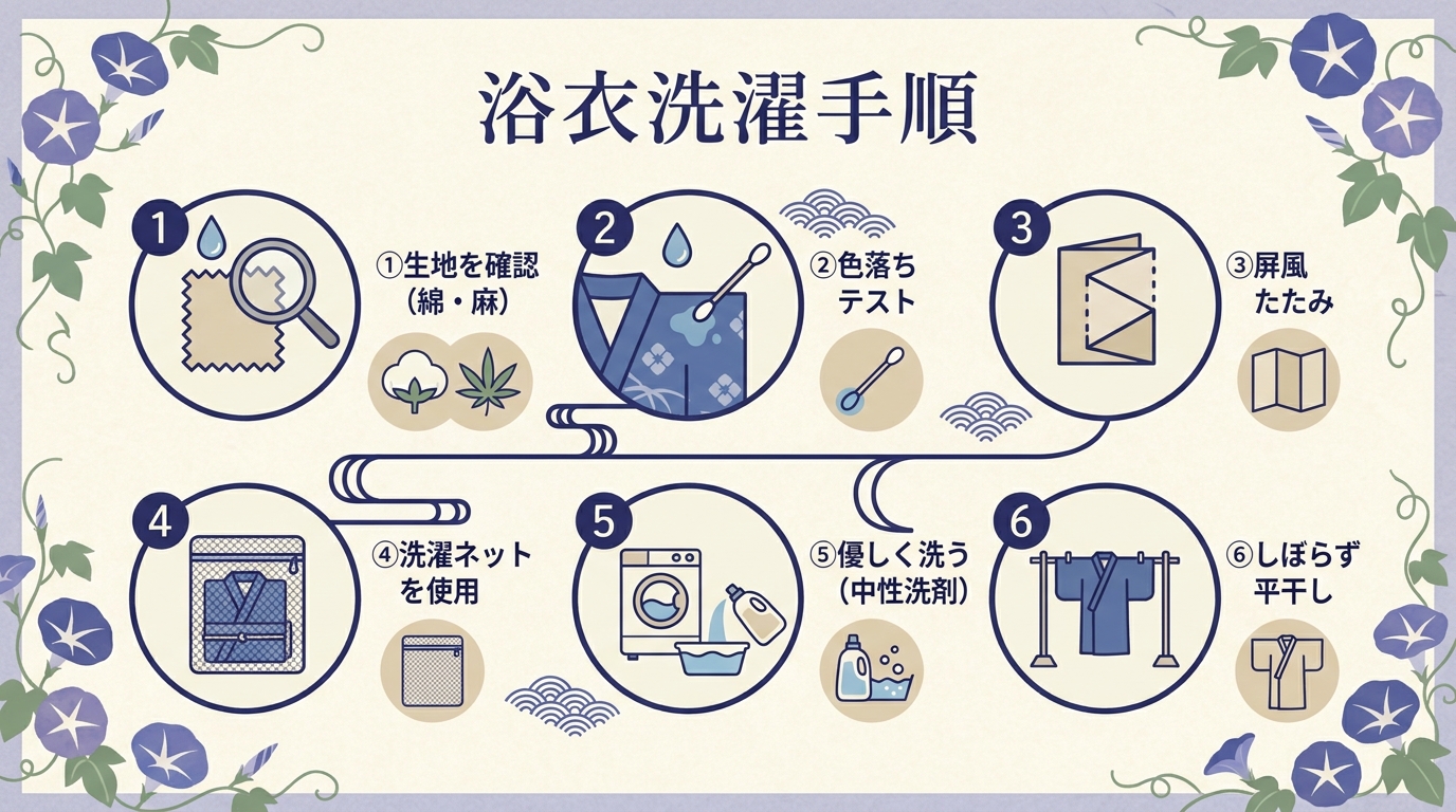 浴衣の自宅洗濯ポイント図解（綿・ポリエステル・絞りNG）