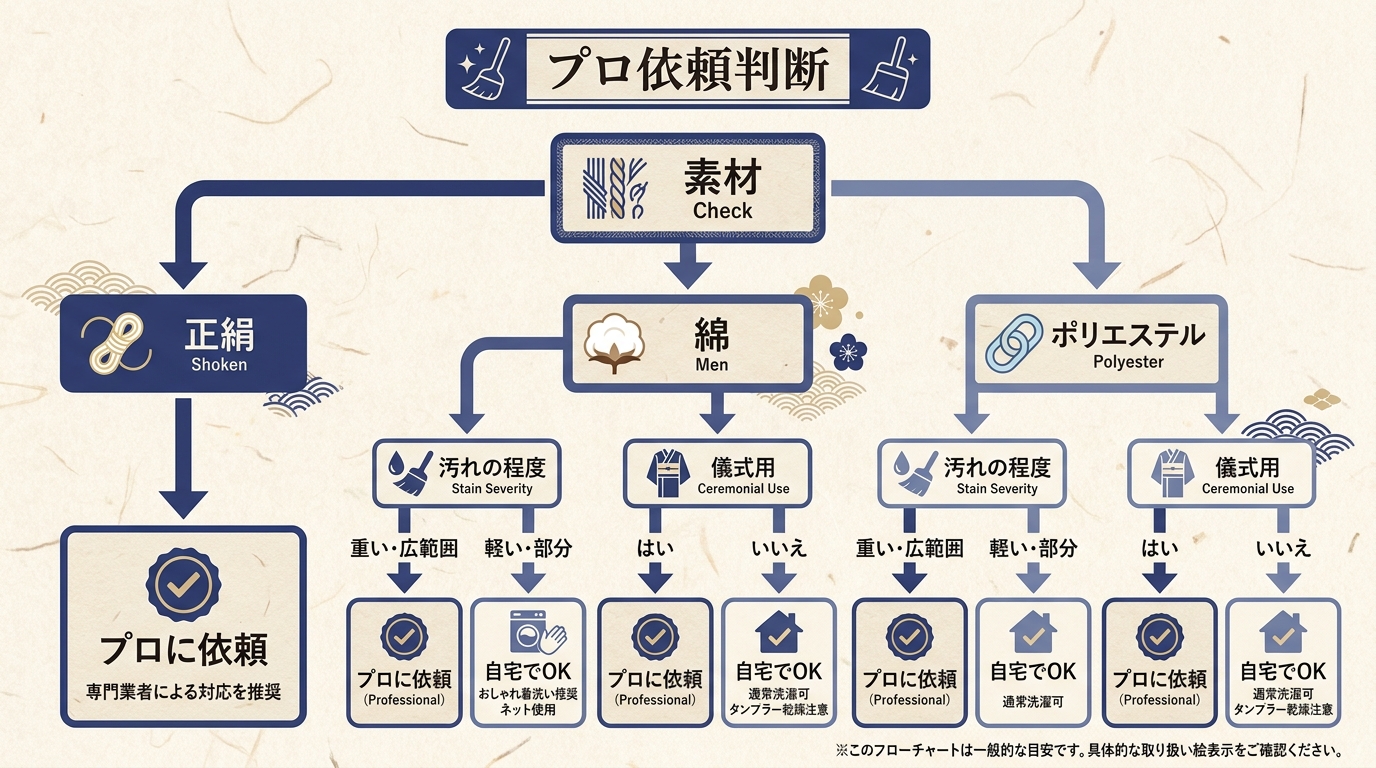 プロのクリーニングに任せるべき着物の判断ライン図