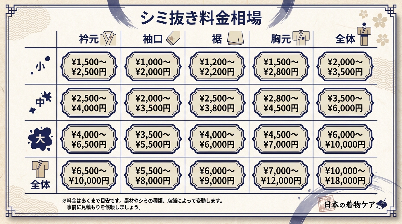 シミ抜きクリーニングの料金相場(サイズ別・部位別)