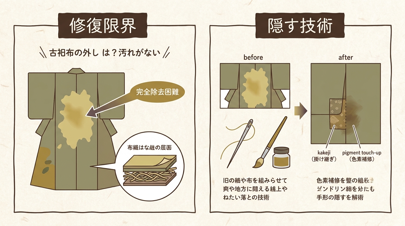 古いシミ・黄変の修復限界と色掛け・柄足し技法