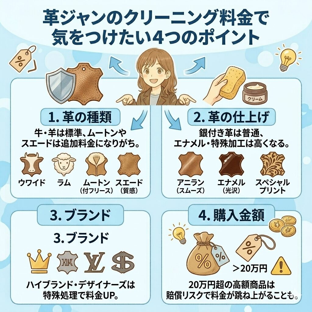 革ジャンのクリーニングでおさえておきたい4つのポイントを図解
